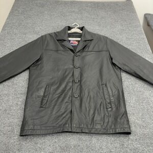 U.S.A. Leather Jacket Mens L Black Genuine Leather Button Front Coat‎ Classic